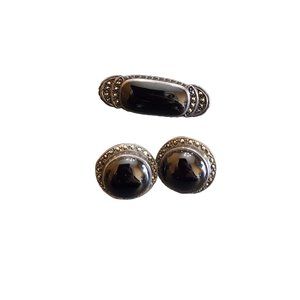 Vintage Signed JJ Judith Jack Sterling Marcasite & Onyx Brooch Earrings Set